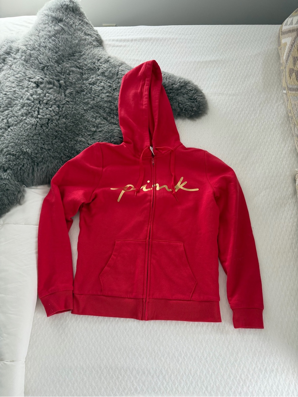 PINK Victoria's Secret Red Zip-Up Hoodie with Gold Script